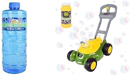 Sunny Days Entertainment 64oz Bubble Solution Refill with Wand & John Deere Bubble Lawn Mower - Kids Outdoor Bubble Play Set with Easy Grip Bottle and Push-Along Mower Toy