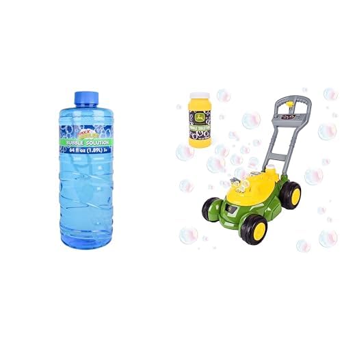 Sunny Days Entertainment 64oz Bubble Solution Refill with Wand & John Deere Bubble Lawn Mower - Kids Outdoor Bubble Play Set with Easy Grip Bottle and Push-Along Mower Toy