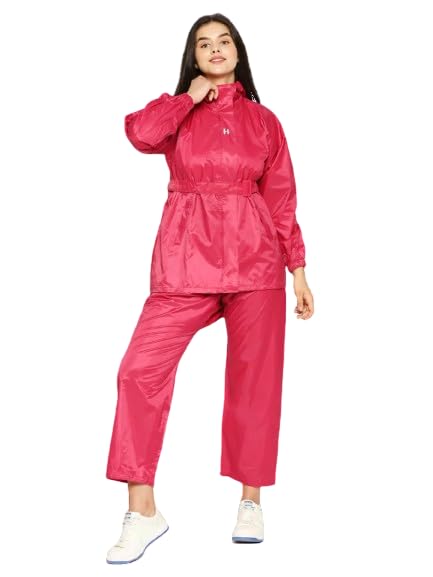 Women Waterproof Rainjacket & Pant Set Seam-Sealed Rainsuit with Hood Drawcord Pockets Adjustable Belt Rubber Raincoat Poncho Travel Rainwear Windbreaker Motorcycle Raincoat Dark Pink - 2XL-image-38