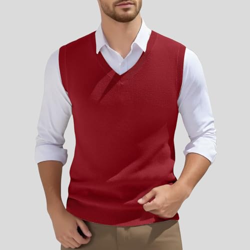 GOSEAGOTOFUN Sweater Vest Men V Neck Sleeveless Pullover Comfortable Casual Knitted Sweater Vest Fall Winter Warm Tank Top 01-Red Small - image 2