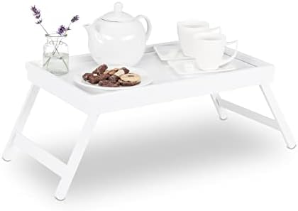 Relaxdays Bamboo Bed Tray, Folding Legs, Raised Edge, For Breakfast in Bed and Serving, HWD: 22x64x31cm, White