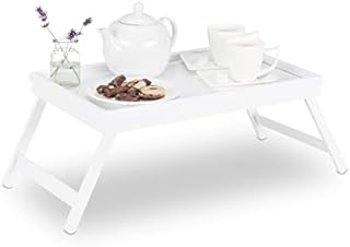 Relaxdays Bamboo Bed Tray, Folding Legs, Raised Edge, For Breakfast in Bed and Serving, HWD: 22x64x31cm, White