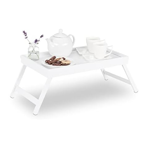 Relaxdays Bandeja Cama con Patas Plegables de Bambú Lacado en Blanco Cover