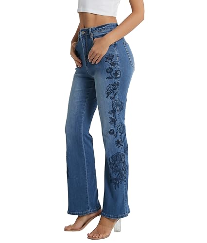 D-Sun Women Embroidered Flare Jeans Casual Mid Rise Vintage Inspired Fashion Denim Jeans Pants with Pockets