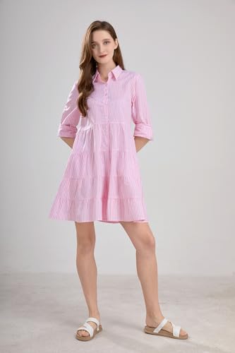 Image of utcoco Womens Striped Button Down Midi Shirt Dress Casual Loose Cuffed Long Sleeve Mid Long Dresses
