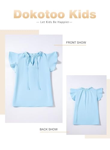 Image of DOKOTOO KIDS Girls Short Sleeve Blouse Dress Shirt Top Size 7-15 Years Old | None Elastic Fabric, Ruffle V Neck, Pull on, Solid Collared Formal, Flowy Casual Flutter Spring Summer Western Top