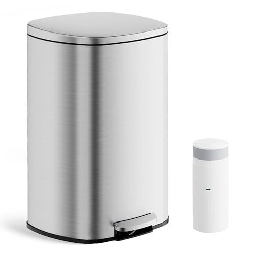 Vidacharmy Kitchen Bin, 13 Gallon (50 L) Rubbish Bin, Metal Rubbish and Waste Bin with Soft-Close Lid and Inner Bucket, Recycling Bin for Bathroom, Soft Close, Step-On Pedal, 20 Rubbish Bags Included