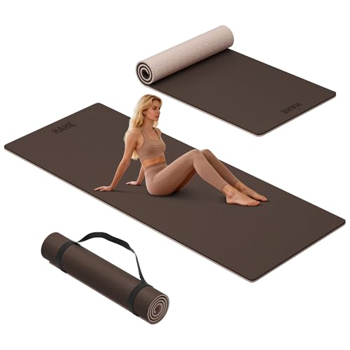 HAHE Extra Thick Yoga Mat, 72"Lx32"Wx0.4"Th (10mm), Wide Non-slip Exercise Mats with Carry Strap, Double-Sided POE Fitness Mat for Yoga, Pilates & Floor Workouts (Dark Brown+Beige)