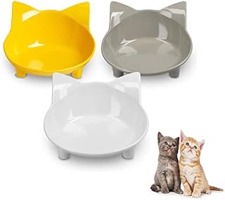 Cat Bowls, Anti-slip Multi-purpose Pet Feeding Bowl, Cat Food Bowl with Non Slip Rubber for Relief of Whisker Fatigue, Set of 3 - Grey, white and yellow