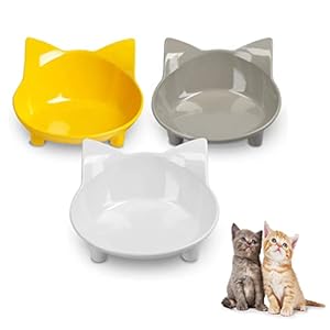 Cat Bowls, Anti-slip Multi-purpose Pet Feeding Bowl, Cat Food Bowl with Non Slip Rubber for Relief of Whisker Fatigue, Set of 3 – Grey, white and yellow