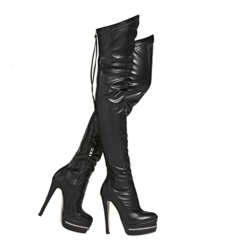 STUPMARY Women Platform Boots Round Toe Over The Knee Bootie Lace Up Gold Strap Thigh High Boots