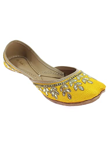 Image of Fulkari Women's Dolli Gold Genuine Soft Leather Embroidered Jutis | Bite and Pinch Free Jutti | Punjabi Formal Juttis | Girl's Wedding Flat Ladies Mojari | Formal Ethnic Juti |