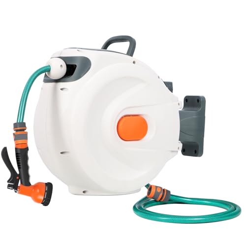 Panana 20m Retractable Hose Reel, Portable Wall-Mounted Plastic Garden Reel with 9 Function Spray Nozzle, 180°Swivel, Auto Lock and Auto Rewind, Long Reach, Outdoor Watering White