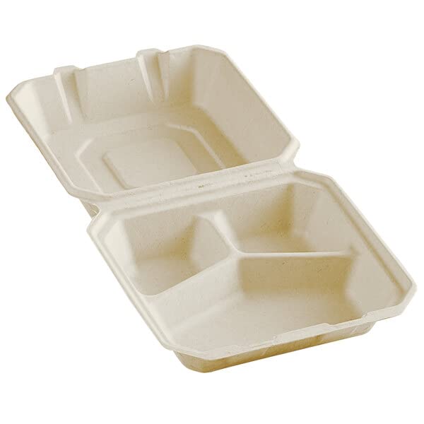 perfectware 100% compostable 3 comp take out food containers 9 x9 inch. 50 count heavy-duty quality to go containers, natural disposable bagasse, eco-friendly biodegradable made of sugar cane