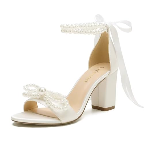 High Block Heel Wedding Sandals Pearl Heels with bow Open Toe Wedding Shoes for Bride