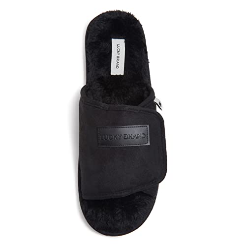 Lucky Brand Mens Microsuede Memory Foam Open Toe Slippers, Cool Adjustable Strap Indoor Outdoor House Sliders for Men, Black, Medium