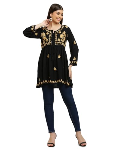 Image of FAWOMENT Women's Ethnic Modish Rayon Short Top with Fine Lucknow Chikankari Aari Embroiderey