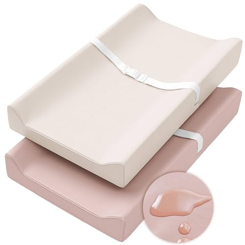 Image of Konssy Vegan Leather Changing Pad Cover for Baby Girls Boys, 2 Pack Waterproof & Wipe-Clean Diaper Chang Table Covers, Soft Changing Pad Sheets (Pink,Beige)