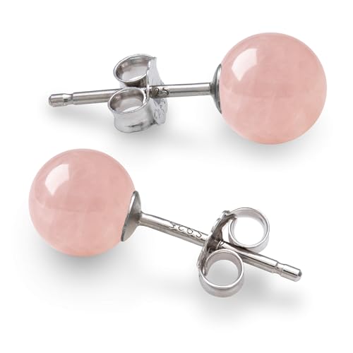 Belacqua Round Natural Pink Rose Quartz Gemstone Stud Earrings in Sterling Silver Gemstone Size - 6mm Jewelry for Women Gift Box Included