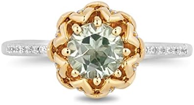Jewelili Enchanted Disneyファインジュエリー10 Kゴールドと純銀6 MMラウンドグリーンアメジストと1/8カラット天然ホワイトラウンドダイヤモンドTianaエンゲージリング
