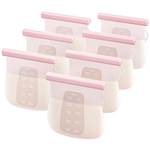 Image of JellyRuru 7 PCS Reusable Breast Milk Storage Bags, 8.5oz 250ml LFGB Standard Silicone Breastmilk Freezer Storage Container, Leak-Proof & Self-Standing Milk Bags, Baby Food Bags