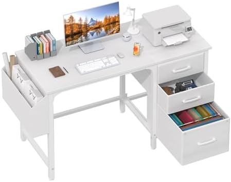 Lufeiya Schreibtisch mit 3 Schubladen Klein Schreibtisch weiß 120x50cm Computertisch mit Stauraum Bürotisch Für Wohnzimmer Office Mädchen