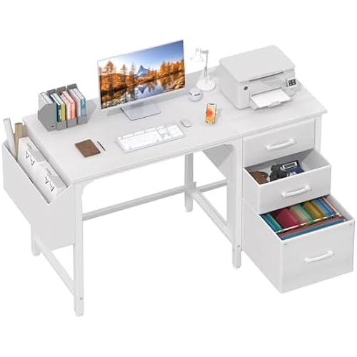 Lufeiya White Desk with File Drawers Cabinet, 47 Inch Reversible Computer Desk with Fabric Filing Cabinet for Bedroom Small Space Home Office, Modern Writing Table PC Desks, White