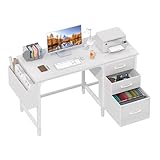 Lufeiya Vitt skrivbord med tygskåp, 119 cm, vändbart datorskrivbord med arkivskåp, för sovrum, små utrymmen, hemmakontor, modernt skrivbord, PC-skrivbord, vit
