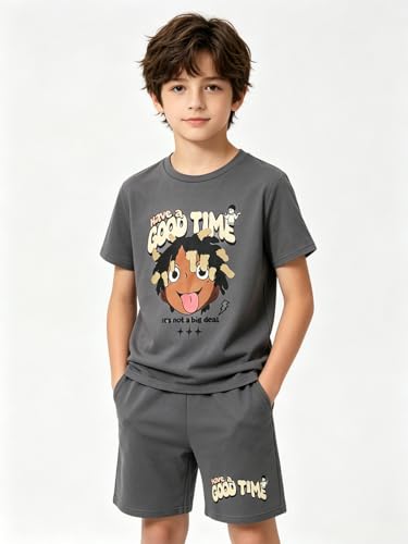 Image of Size 6-12 Years Boys Summer Outfits Set Kids Short Sleeve Top T-Shirt & Shorts Color Block Clothing Sets