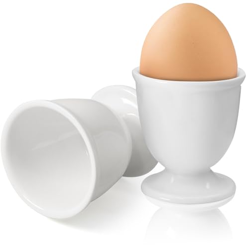 Image of Ceramic Egg Cups 2 Pcs, White Porcelain Egg Holder for Boiled Eggs | High-Fired Shatterproof Build, Dishwasher Safe Clean, Great for Breakfast Cooking Kitchen / Gift Childhood Memories