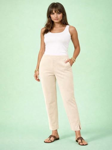 Image of KOTTY Women's Solid Straight Fit Ankle-Length Pants with Elastic Waist and Comfortable Stretch Fabric