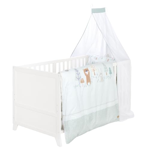 roba Komplettbettset Woodland Buddies - Babybett 70 x 140 cm aus Holz inkl. Matratze, Bettwäsche, Himmel & Himmelstange - Mitwachsendes Kinderbett ab 6 Monate - Weiß