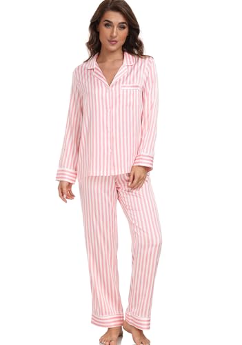 Image of Serenedelicacy Women's Satin Pajama Set Long Sleeve Button Down Sleepwear 2-Piece Silky Pj Set