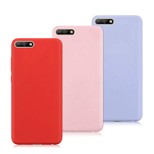 3X Funda Huawei Y6 2018, Carcasas Flexible Suave TPU Silicona Ultra Delgado Protección Caso(Rojo, Rosa Claro, Púrpura Claro)