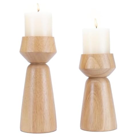 Wood Pillar Candle Holders Set of 2, Large Wooden Candle Holder for Mantle Decorations, Rustic Centerpieces for Tables, Decorative Modern Farmhouse Candle Stand Cover