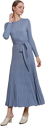 Image of Women's Long Sleeve Sweater Dress Ankle Length Fall Dress Vneck Knit Winter Dress