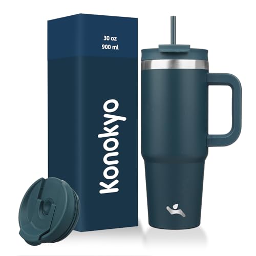Image of Konokyo 30 oz Tumbler with Handle and 2 Straws,2 in 1 Lid Insulated Water Bottle Stainless Steel Travel Coffee Mug,Navy blue