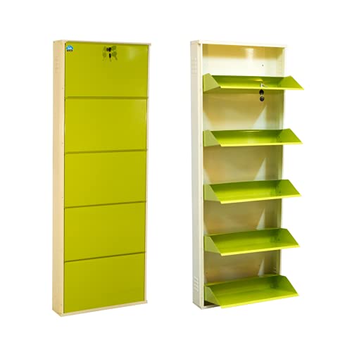Image of DELITE KOM 24 Inch Wide, 5 Shelf Metal Shoe Rack Wall Mounted for Home with Central Lock Holds Upto 15 Shoes or 25 Slippers Pair | 1 Year Warranty | (67 x 24 x 5 Inch, Ivory Green) DIY Space Saving