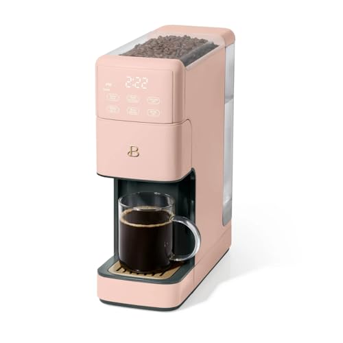 B - Perfect Grind Programmable Single-Serve Coffee Maker with Built-In Grinder Fresh Ground Brewing Touch Controls Reusable Filter Compact Countertop Design (Rose)