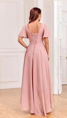 V Neck Mother of The Bride Dresses for Women High Low Chiffon Bridesmaid Dress Flutter Sleeves Formal Gown2