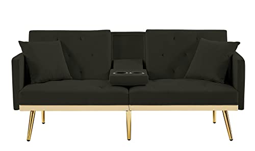 Hansones Futon Sofa Bed Modern Velvet Fabric Couch Bed Loveseat Convertible Daybed With 2 Cup Holders And Removable Armrests For For Compact Living Space Apartment Dorm Office,Gold Hem (Black) #TOP1