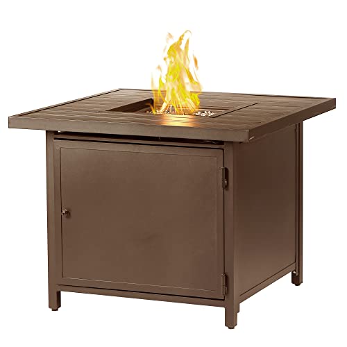 Image of Oakland Living Square 32 in. x 32 in. Aluminum Propane Fire Pit Table with Glass Beads, Two Covers, Lid, 37,000 BTUs in Brown Finish