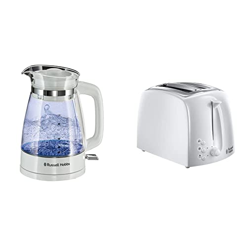 Image of Russell Hobbs 26081 Classic Glass Kettle White & 21640 Textures 2-Slice Toaster, White
