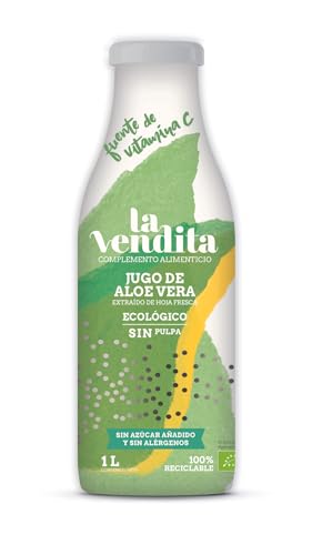 La Vendita Jugo De Aloe Vera Puro Para Beber Sin Pulpa. Bebida Natural De Aloe Vera Puro Y Ecológico. Zumo Bebible 100% Organico Y Natural. Bebida Detox En Envase De Vidrio De 1 Litro