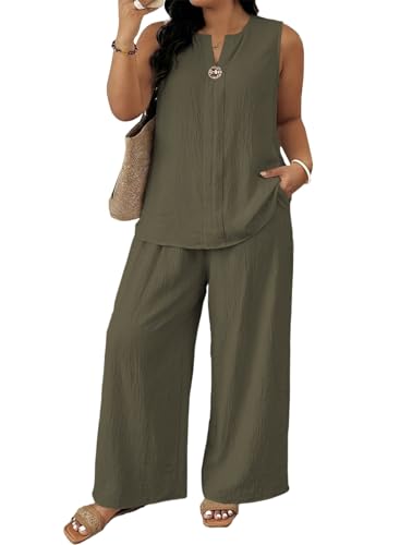 Eytino Plus Size Two Piece Outfits for Women Sleeveless Tops Wide Leg Pants Sets Summer Travel Vacation Outfits 3X Four Leaf Clover