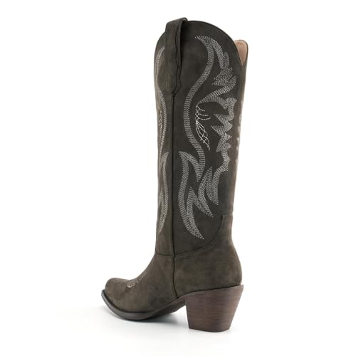 Image of KaroNairy Women Cowboy Boots Faux Suede Embroidered Pointed Thick Heeled Western Wide Calf Cowgirl Ponited Toe Mid Calf Boots
