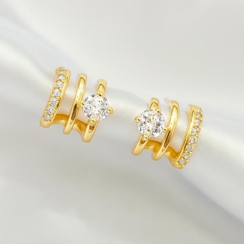 14K Gold Plated Hoop Earrings for Women Triple Huggie Illusion Stud Earring | Double Huggie Hoop Earrings for One Hole | Claw Ear Cuff Earring Jewelry Gift for Women 5