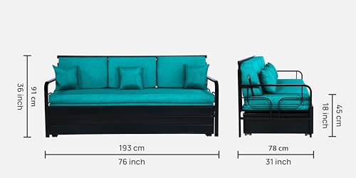 Image of 3 Seater Metal Sofa Cum Bed with Hydraulic Storage | Sofa Set for, Living Room, Guest Room, Bedroom| Queen Size Convertible Sofa Bed Comfortable Seating |Queen Size (Sea Blue & Black)