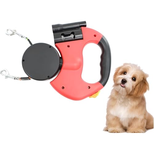 犬 ZAZY リード 2 頭引き 3m 伸びる LED ライト付き ゴミ袋収納付き 反射 多機能 絡まない 多頭飼い用 丈夫 おしゃれ 自動巻き取り式 猫 小型犬 中型犬 大型犬 しつけ 夜道 散歩 (レッド)