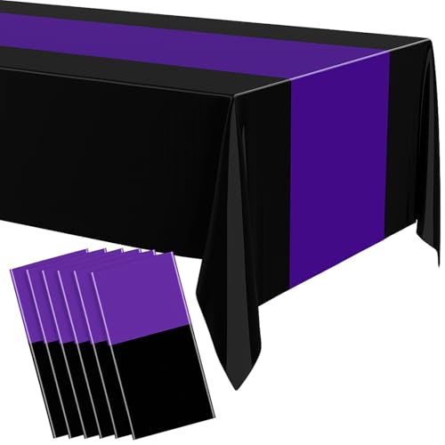Image of Oudain 6 Pcs Plastic Table Cloths Disposable 54 inch x 108 inch, Black, Purple | Rectangle Table Cover, Waterproof Tablescloths for Back to School Wedding Baby Shower Birthdays Party Decoration
